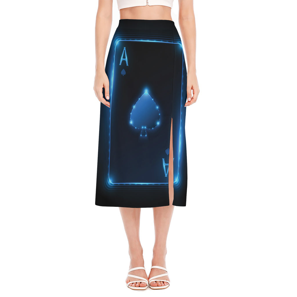 Blue Ace Card Print Side Slit Midi Skirt