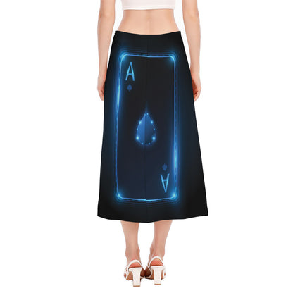 Blue Ace Card Print Side Slit Midi Skirt