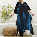 Blue Ace Card Print Silk V-Neck Kaftan Dress