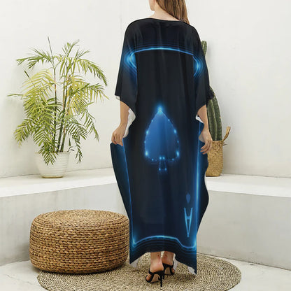 Blue Ace Card Print Silk V-Neck Kaftan Dress