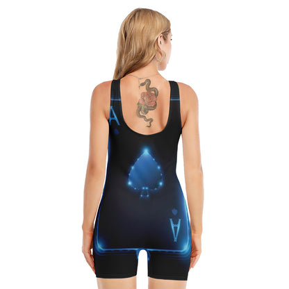 Blue Ace Card Print Sleeveless One Piece Swimsuit