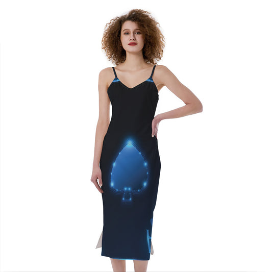 Blue Ace Card Print Slim Fit Midi Cami Dress