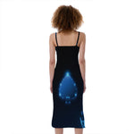 Blue Ace Card Print Slim Fit Midi Cami Dress