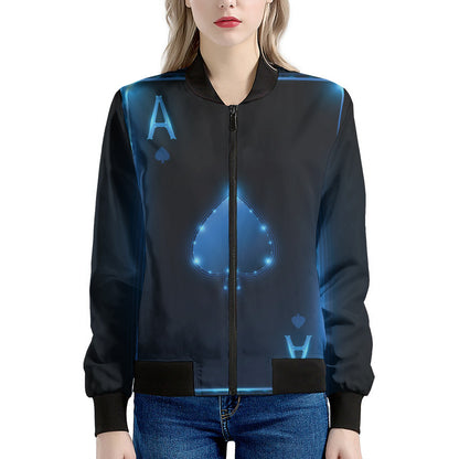 Blue Ace Card Print Women's Bomber Jacket