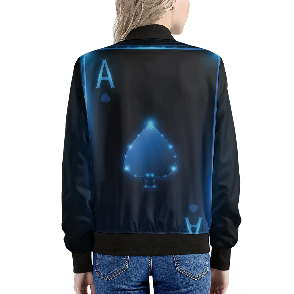 Blue Ace Card Print Women's Bomber Jacket
