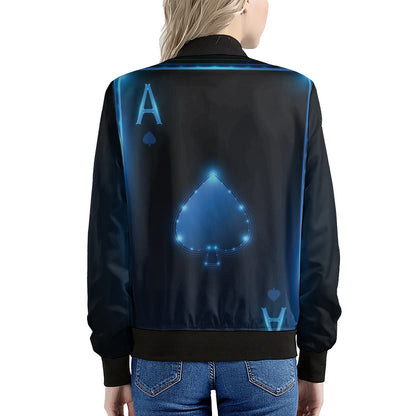Blue Ace Card Print Women's Bomber Jacket