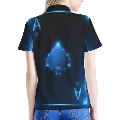 Blue Ace Card Print Women's Polo Shirt