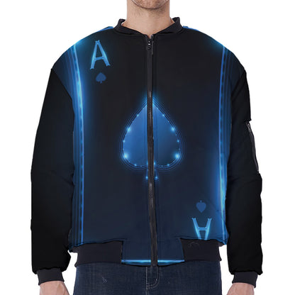 Blue Ace Card Print Zip Sleeve Bomber Jacket