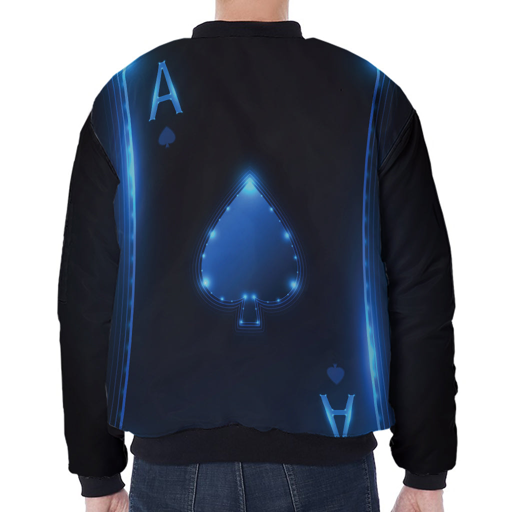 Blue Ace Card Print Zip Sleeve Bomber Jacket