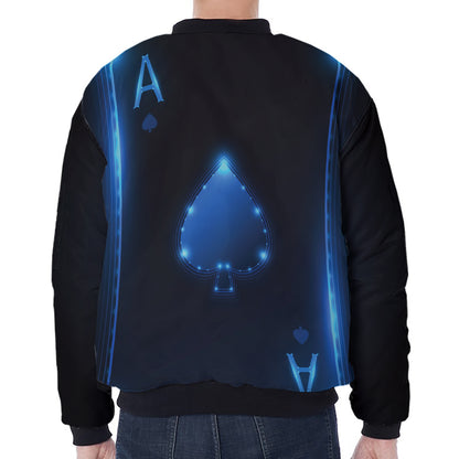 Blue Ace Card Print Zip Sleeve Bomber Jacket
