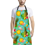 Blue Aloha Pineapple Pattern Print Bib Apron With Pocket