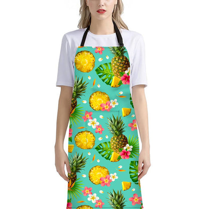 Blue Aloha Pineapple Pattern Print Bib Apron With Pocket