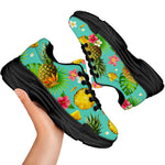 Blue Aloha Pineapple Pattern Print Black Chunky Shoes