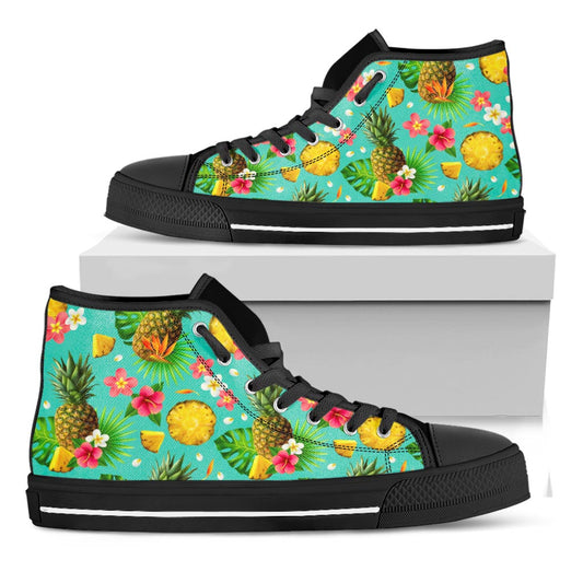 Blue Aloha Pineapple Pattern Print Black High Top Sneakers