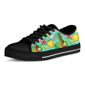 Blue Aloha Pineapple Pattern Print Black Low Top Sneakers