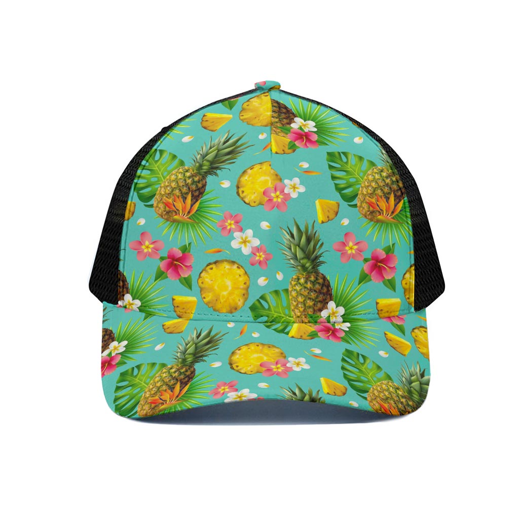 Blue Aloha Pineapple Pattern Print Black Mesh Trucker Cap
