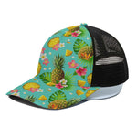 Blue Aloha Pineapple Pattern Print Black Mesh Trucker Cap