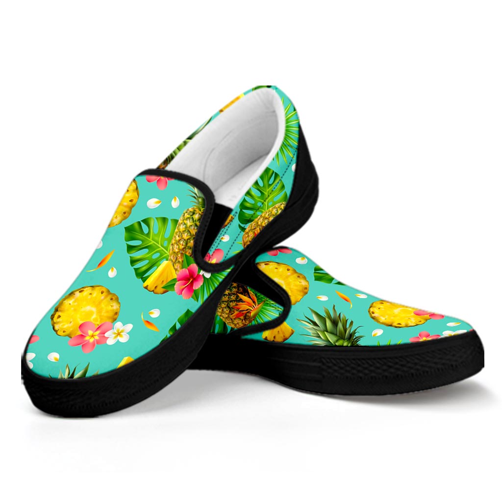 Blue Aloha Pineapple Pattern Print Black Slip On Sneakers