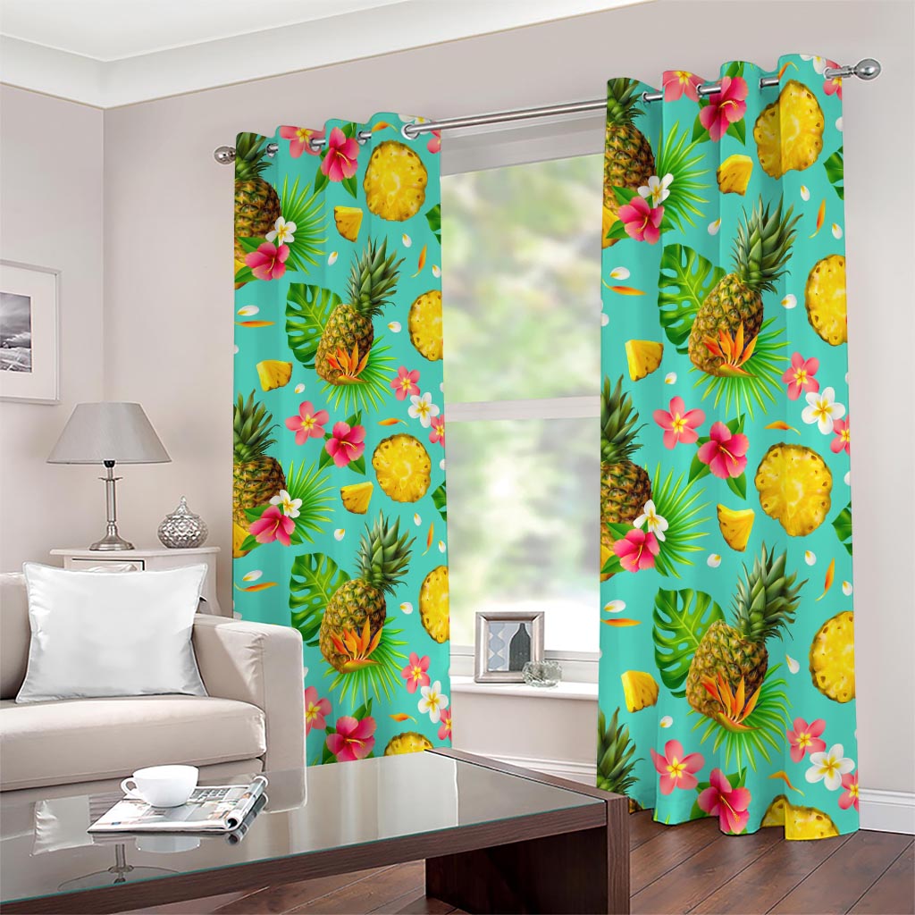 Blue Aloha Pineapple Pattern Print Blackout Grommet Curtains