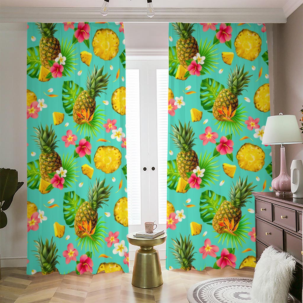 Blue Aloha Pineapple Pattern Print Blackout Pencil Pleat Curtains