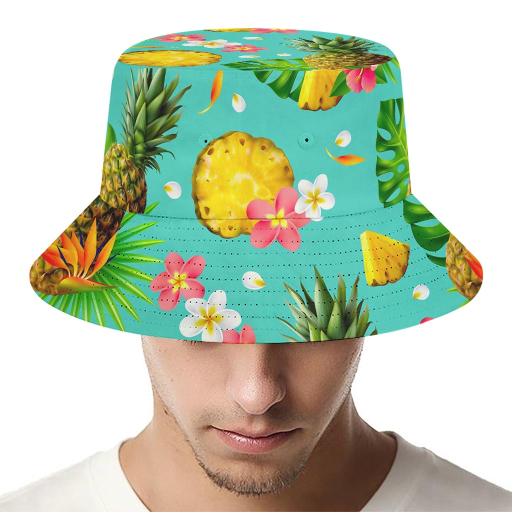 Blue Aloha Pineapple Pattern Print Bucket Hat