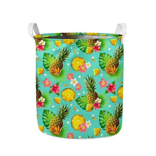 Blue Aloha Pineapple Pattern Print Collapsible Laundry Basket