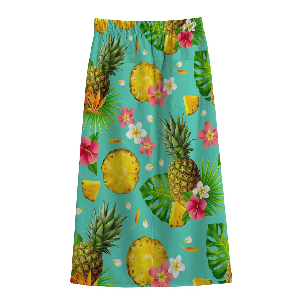 Blue Aloha Pineapple Pattern Print Cotton Front Slit Maxi Skirt