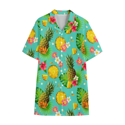 Blue Aloha Pineapple Pattern Print Cotton Hawaiian Shirt