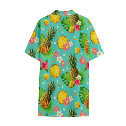 Blue Aloha Pineapple Pattern Print Cotton Hawaiian Shirt