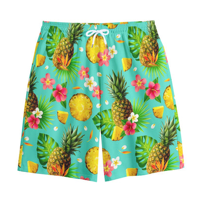 Blue Aloha Pineapple Pattern Print Cotton Shorts