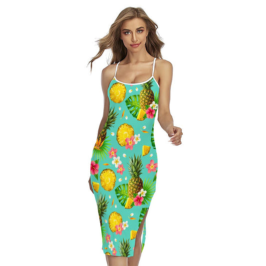Blue Aloha Pineapple Pattern Print Cross Back Cami Dress