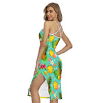 Blue Aloha Pineapple Pattern Print Cross Back Cami Dress