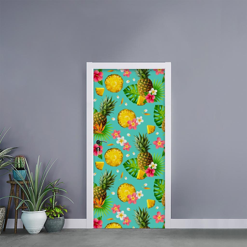 Blue Aloha Pineapple Pattern Print Door Sticker