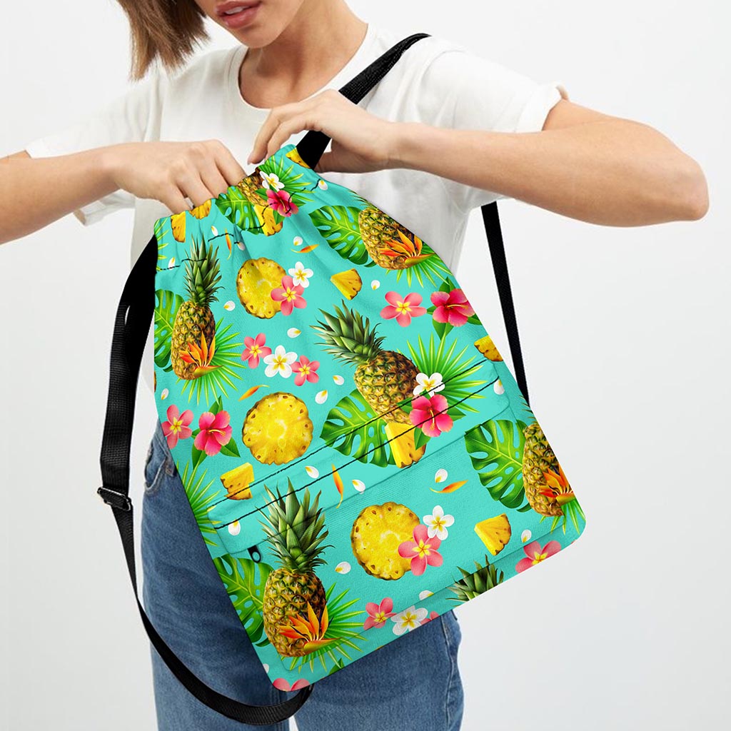 Blue Aloha Pineapple Pattern Print Drawstring Backpack