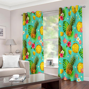 Blue Aloha Pineapple Pattern Print Extra Wide Grommet Curtains