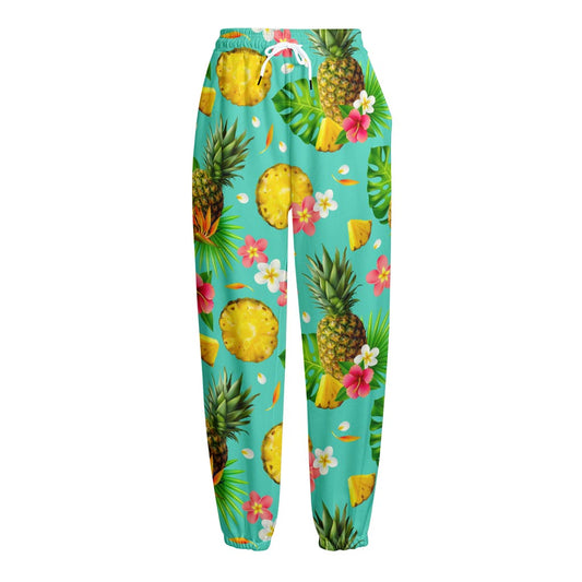 Blue Aloha Pineapple Pattern Print Fleece Lined Knit Pants