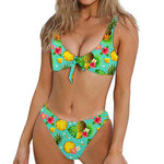 Blue Aloha Pineapple Pattern Print Front Bow Tie Bikini