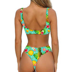 Blue Aloha Pineapple Pattern Print Front Bow Tie Bikini