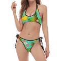 Blue Aloha Pineapple Pattern Print Halter Scoop Tie Side Bikini