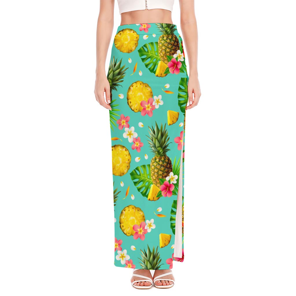 Blue Aloha Pineapple Pattern Print High Slit Maxi Skirt