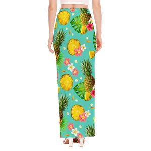 Blue Aloha Pineapple Pattern Print High Slit Maxi Skirt