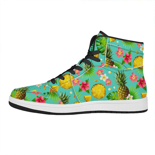 Blue Aloha Pineapple Pattern Print High Top Leather Sneakers