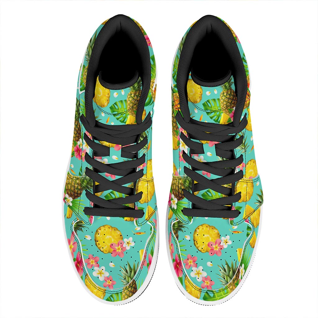 Blue Aloha Pineapple Pattern Print High Top Leather Sneakers