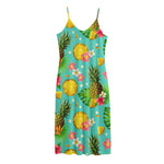 Blue Aloha Pineapple Pattern Print Jersey Midi Cami Dress