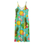 Blue Aloha Pineapple Pattern Print Jersey Midi Cami Dress