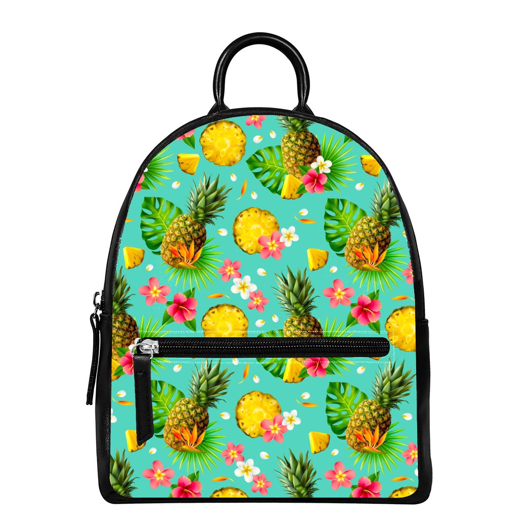 Blue Aloha Pineapple Pattern Print Leather Backpack