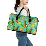 Blue Aloha Pineapple Pattern Print Leather Duffle Bag