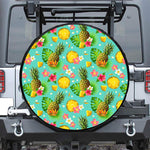 Blue Aloha Pineapple Pattern Print Leather Spare Tire Cover
