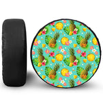 Blue Aloha Pineapple Pattern Print Leather Spare Tire Cover