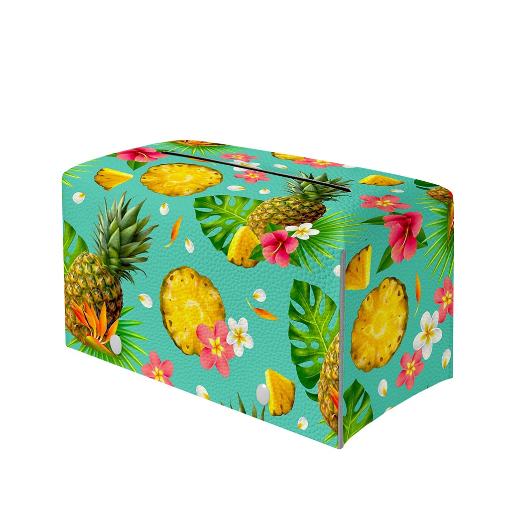 Blue Aloha Pineapple Pattern Print Leather Tissue Box Cover